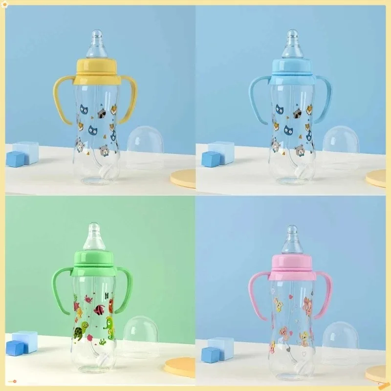 

2025 Hot 250ml Handle-shaped Curved Standard Newborn Baby Bottle with Silicone Gravity Ball Straw Cup Anti-colic Anti-drop