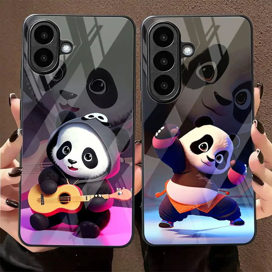 Furry Panda Figurine Glass Phone Cover Case for Samsung Galaxy A32 A07 A52 A22 A57 A72 A15 A56 A34 A16 A15 A55 A37 A22 A27 A05