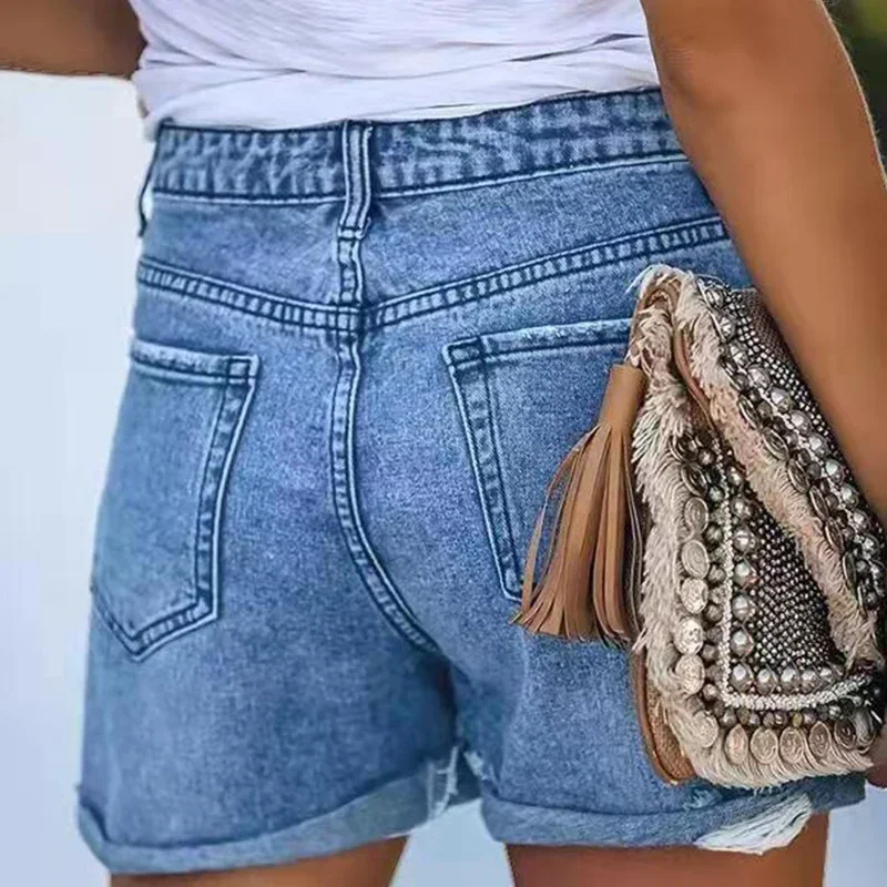 Factory direct sales women\'s summer shorts loose straight cylinder wide leg roll edge worn blue black cotton for women