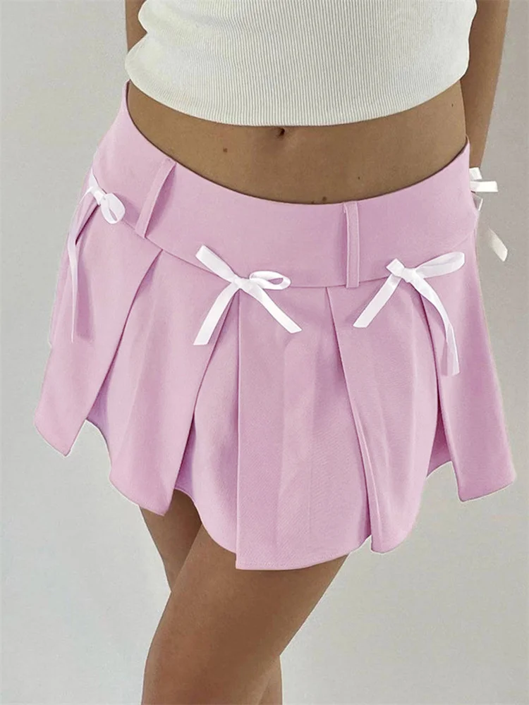 

CHRONSTYLE Vintage Women High Waist Casual Mini Skirts Summer Bow Patchwork Beach Club Aesthetic Pleated Skirts Streetwear 2024