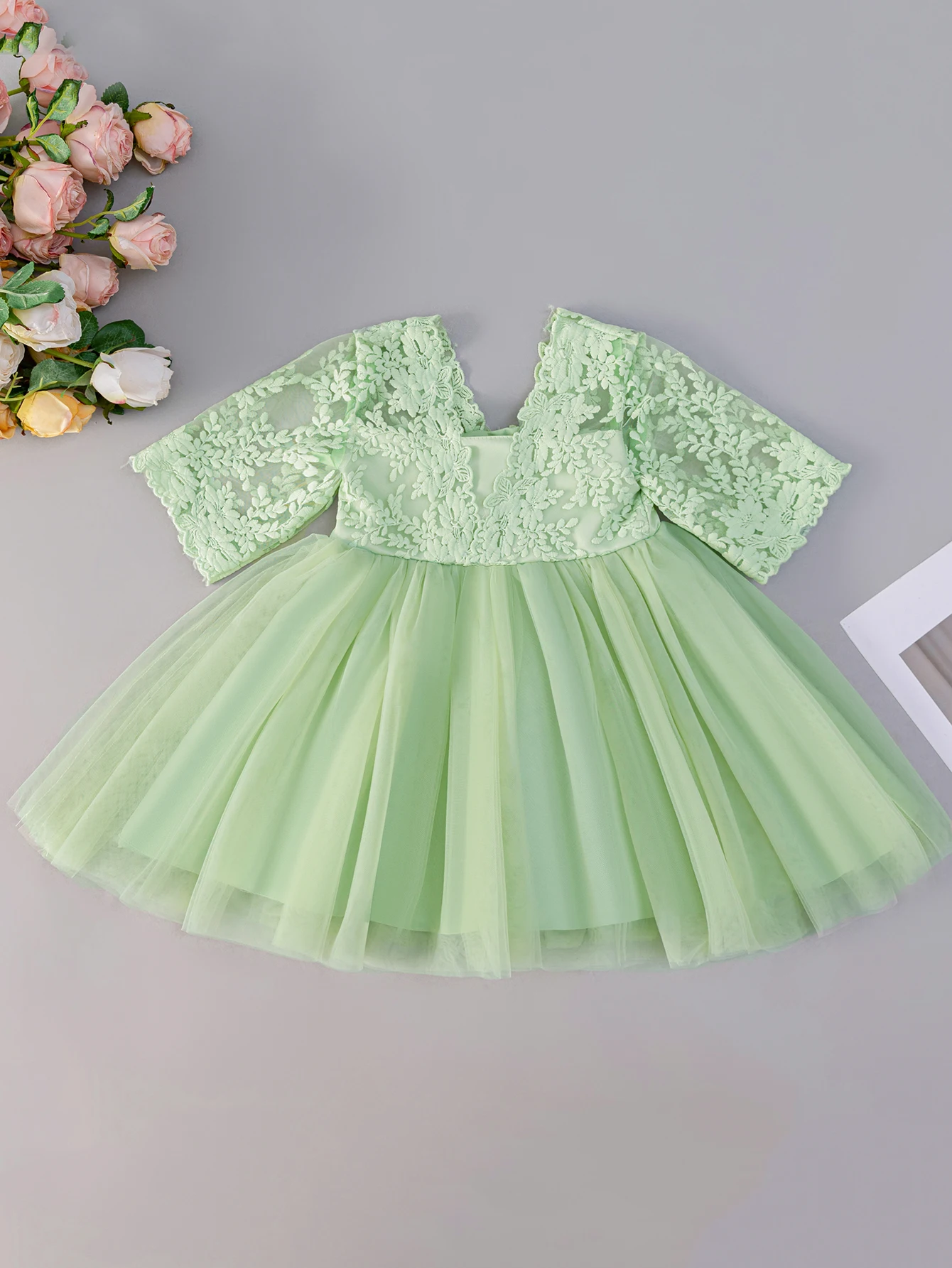 Baby Girls Aged 0-2 Years Green Dress Wedding Flower Girl Attire Tulle Dress Birthday Dress Baby Girl
