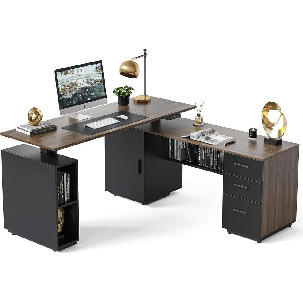 

Executive Height Adjustable L-Shaped Desk with Storage, Deep Wood Grain Finish