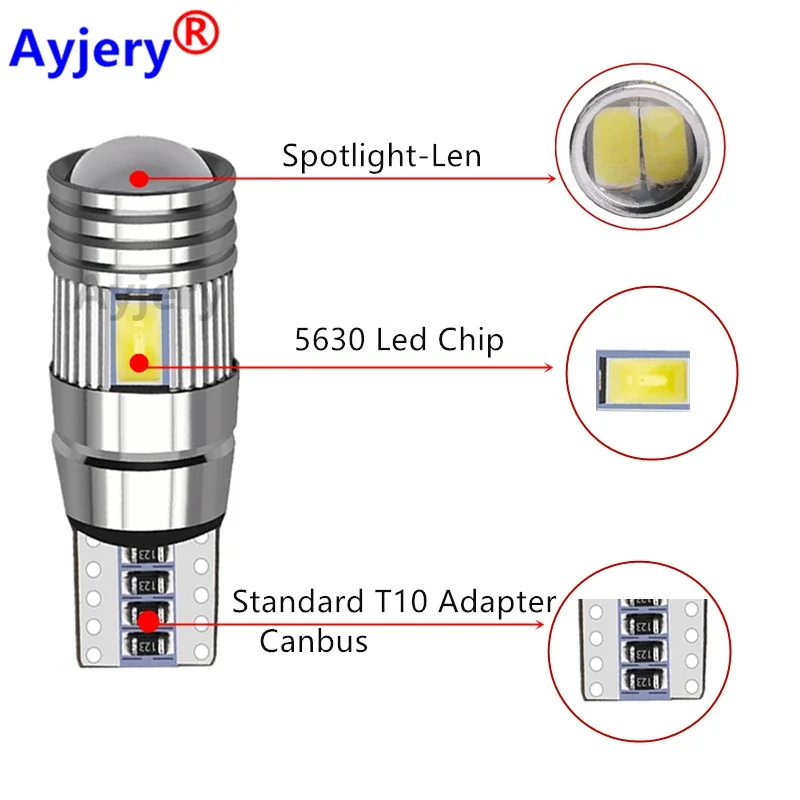 AYJERY 100PCS T10 W5W LED Lamp 2825 5630 168 192 175 147 6 SMD 12V 2W Canbus White Decode Super Bright For Car Dome Light