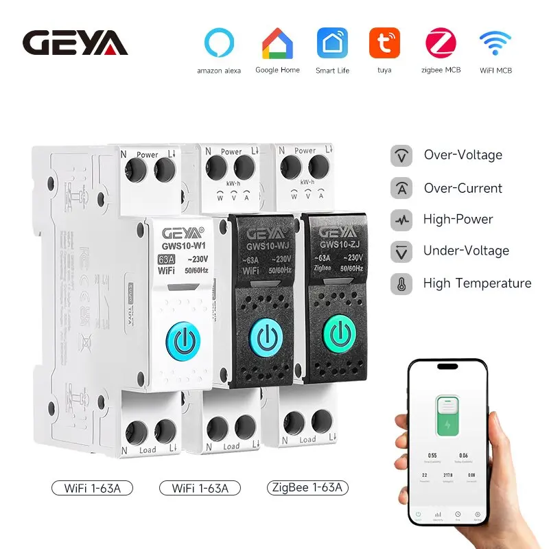 Interruptor de Circuito Inteligente WiFi/ZigBee GEYA MCB, Temporizador, Medidor de Energía, Protector de Voltaje y Corriente, Control Remoto por Voz, Tuya