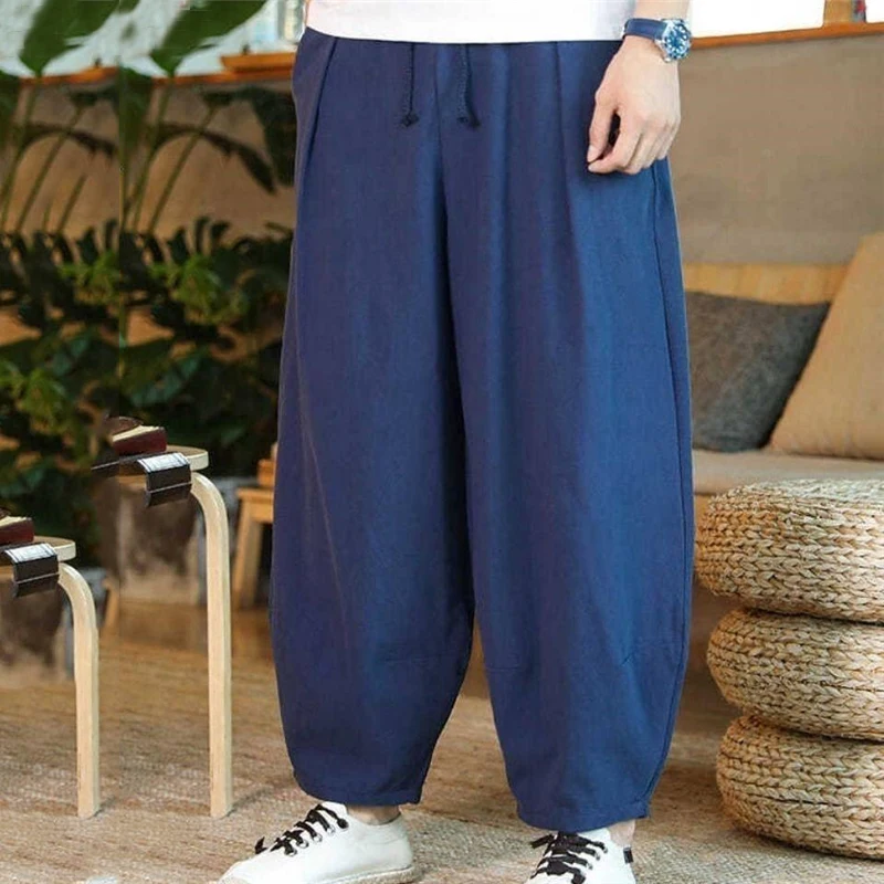 Pakaian pria musim panas longgar Hippie katun Linen celana Harem Y2K pria Streetwear Solid celana kaki lebar Retro celana kolor