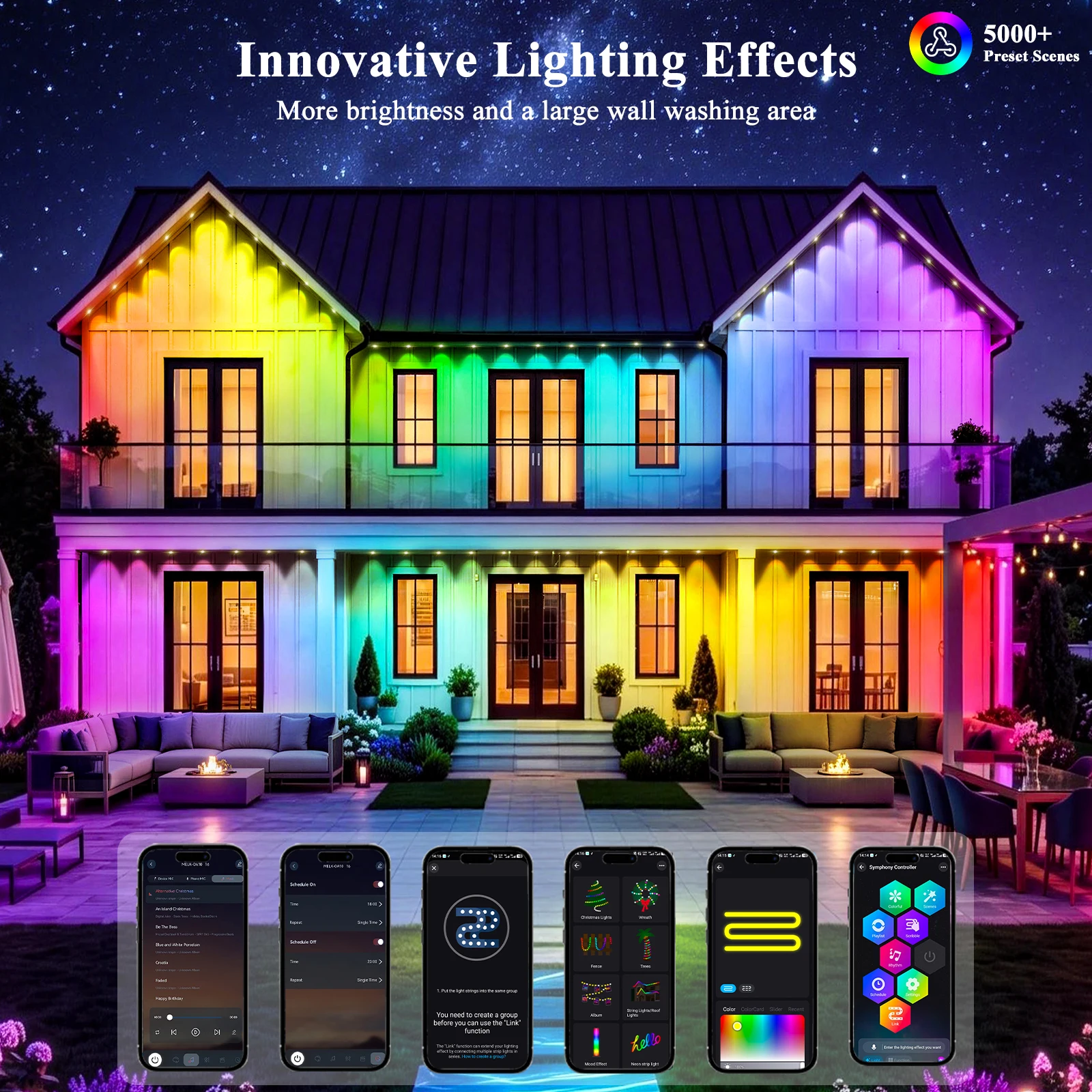 Permanent Outdoor Light RGBIC 200ft, Lights -Gradient Color Changing Eave Lights Waterproof App/Remenes, Perfectote Control, Music Sync & DIY Sc for Christmas, Halloween, Party & Daily Decor, for House Roof