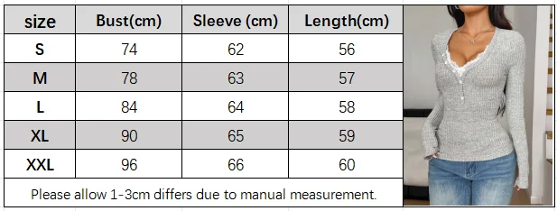 2025 Herbst Winter Neue Mode Damen Tops Spitze Knopf Einfarbig Form Anliegende Sexy T-Shirt Y2k Kleidung – Detail 1