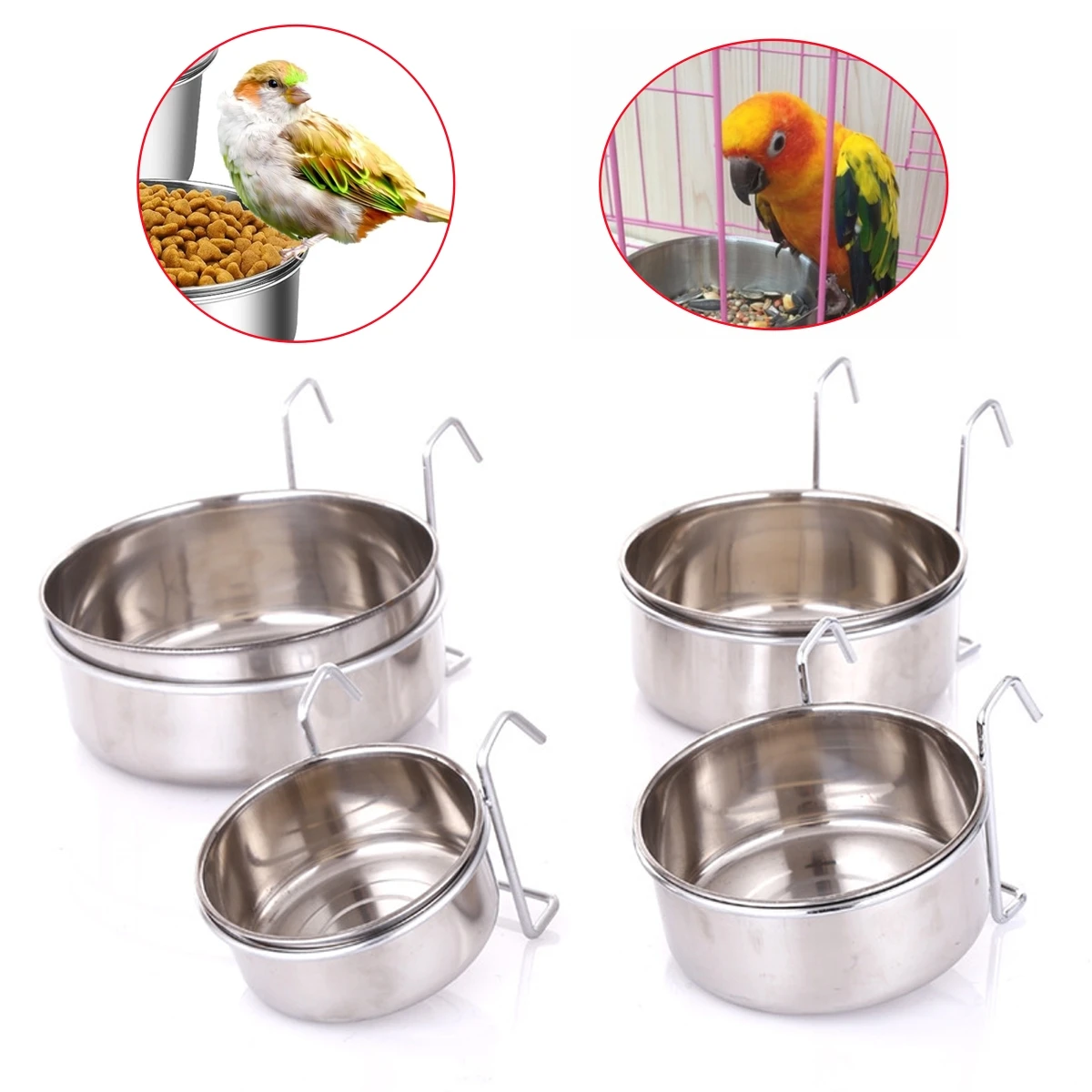 5 Sizes Pet Birds Parrot Rabbit Hamster Food Dish Stainless Steel Hanging Cage Water Drinker Small Cat Puppy Feeding Bowl 1Pc