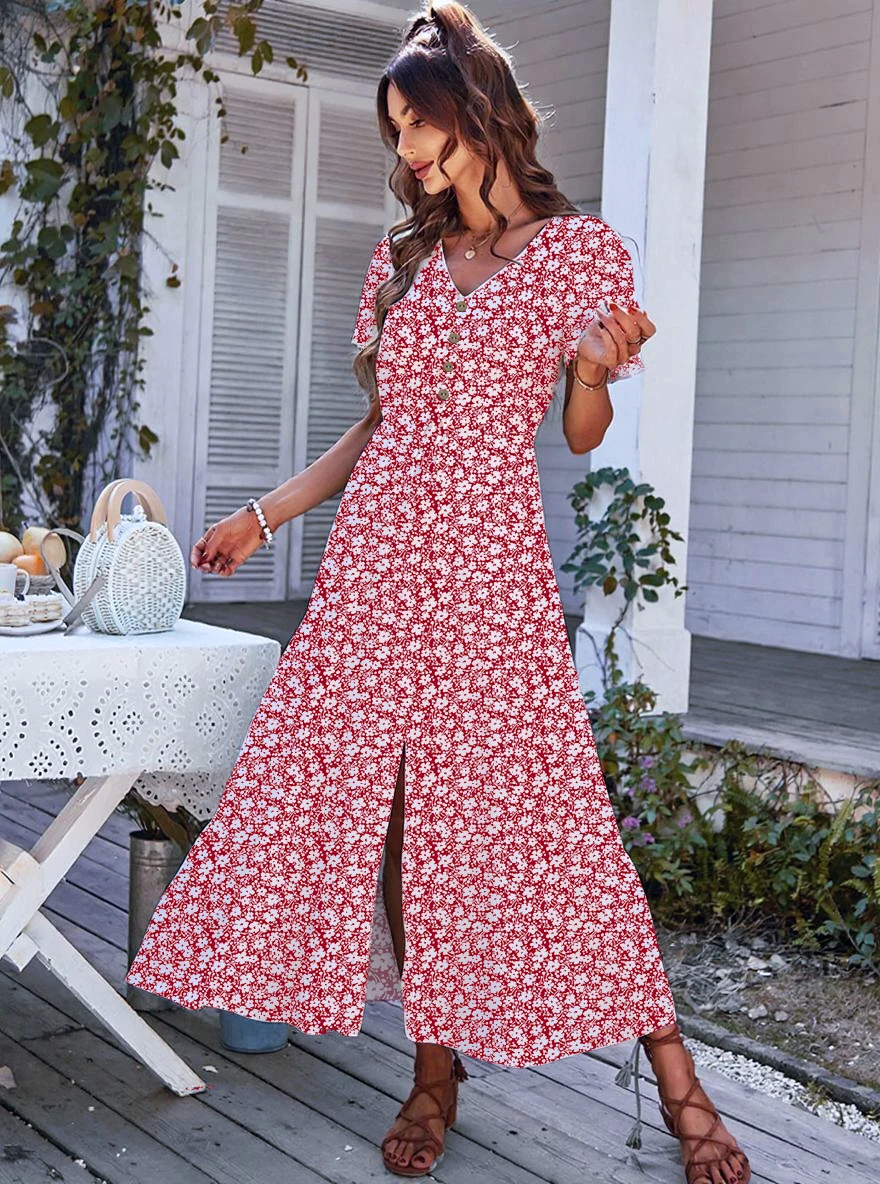 

Women's Ditsy Floral Print V Neck Dress Casual Long Dress for Summer Beach Holiday Vacation Ditsy Dress with Short Sleeve 2025