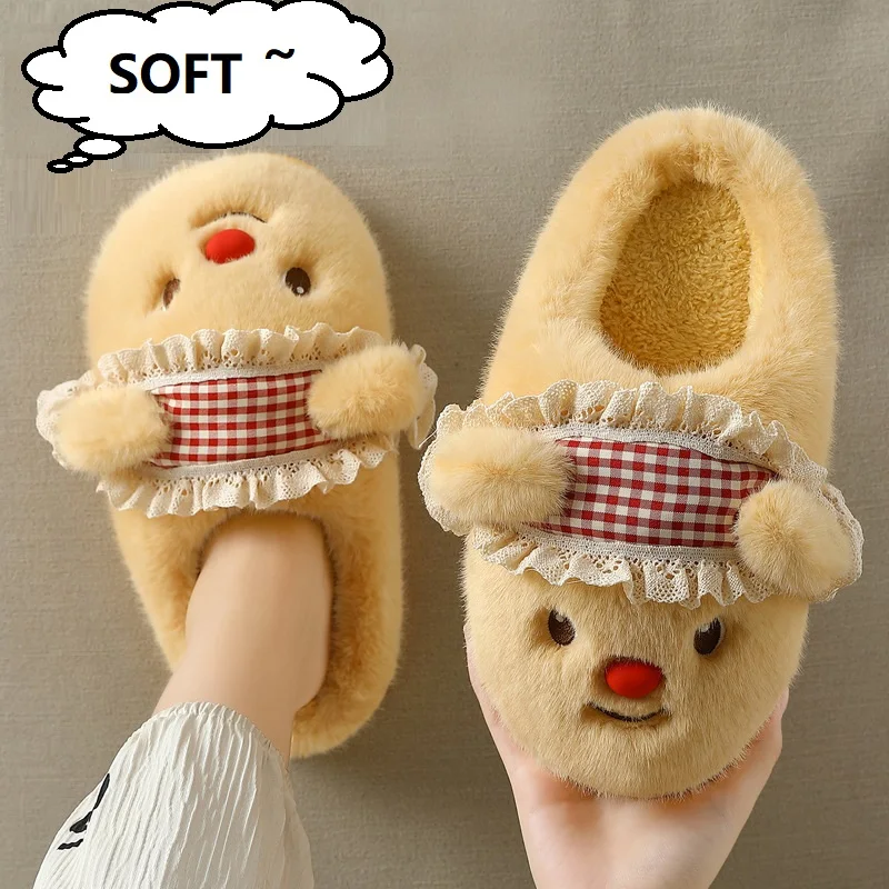 

New cute animal fuzzy slippers for women lovely indoor shoes with headband woman winter warm room slipper furry home floor shoes