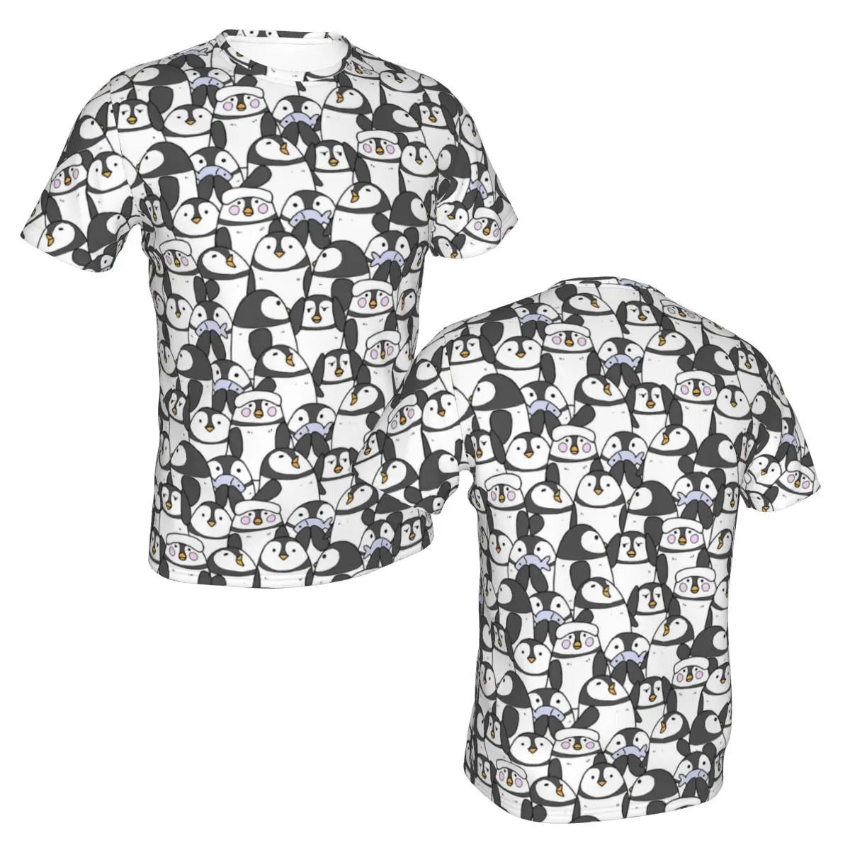 100% Cotton Hand Drawn Penguin Set T-Shirt Men's Funny T Shirt Men Round Neck Summer Shirts Tops
