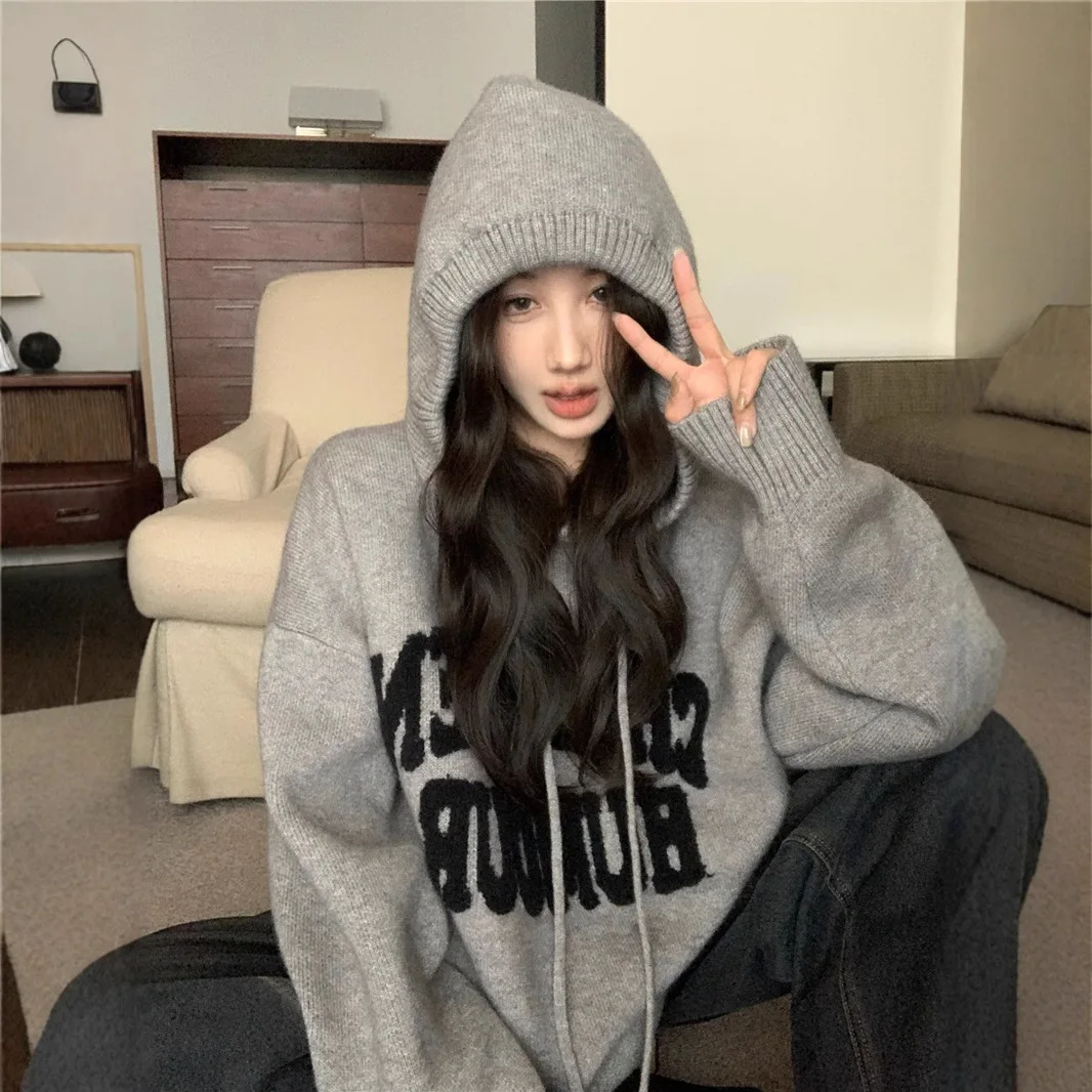

Women Knitting Hoodies 2025 Autumn Winter New Vintage Sweater Grey Letter Print Slouchy Oversized Hooded Sweater Knit Outerwear