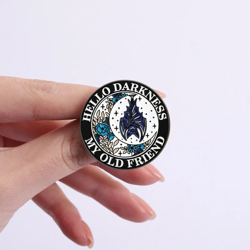 Halloween Bat Flower Theme Enamel Brooch Pins My Old Friend Hello Darkness Letter Badge Lapel Pin Backpack Clothing Accessory