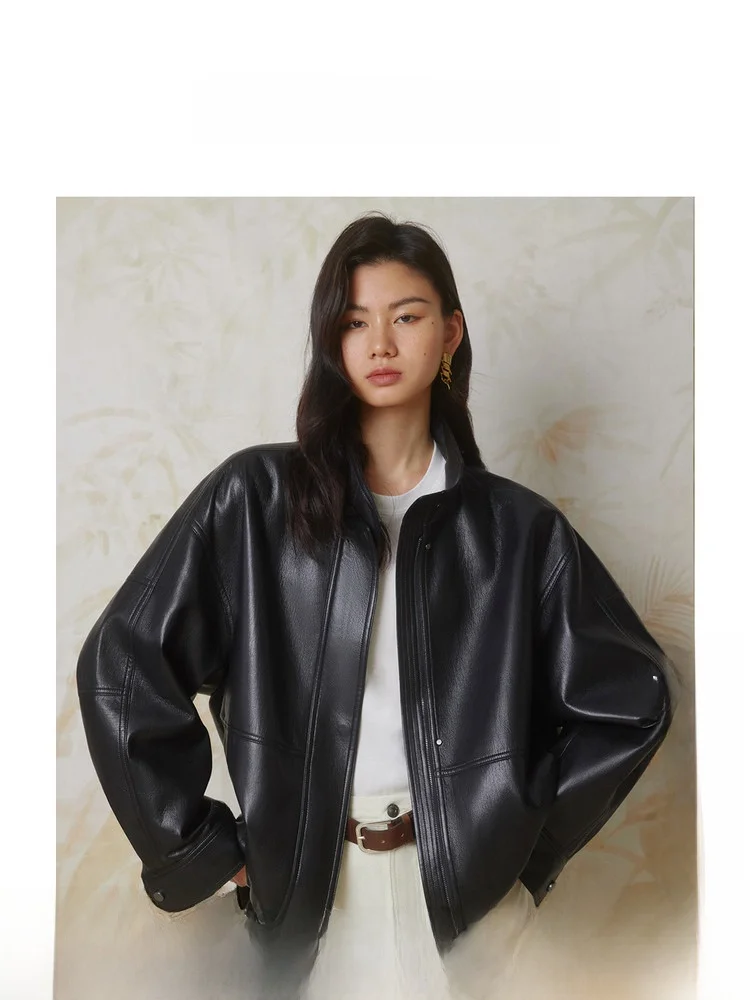 

Куртка ZhiZhi Red Cliff из искусственной кожи для женщин, свободного кроя, укороченная, глянцевая, с маленьким воротником-стойкой, элегантный стиль, весенняя коллекция