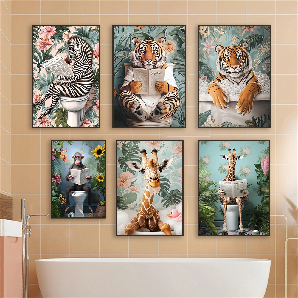 Zebra on Toilet Bathroom Poster Giraffe on Toilet Funny Bathroom Tiger Wall Art Prints Colorful Botanical Bathroom Art Poster