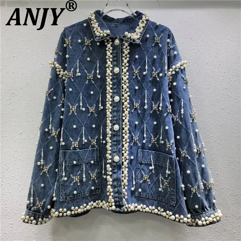 ANJY Spring Autumn New Women Heavy Embroidered Flares Design Loose Denim Jakcet Fashion Casual High Street Trend Ins Coat A23731