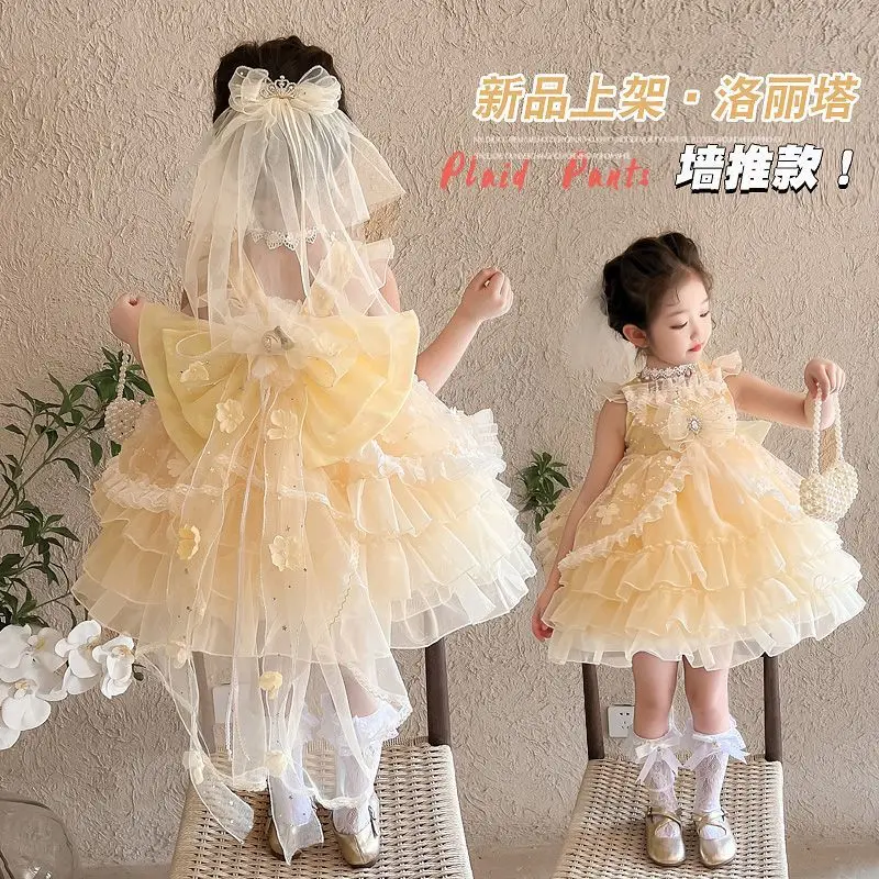 Baby Girls Summer Sweet Lolita Lace Yelow Bow Shiny Princess Ball Gown Cake Layed Backless Sundress Birthday Party Clothes