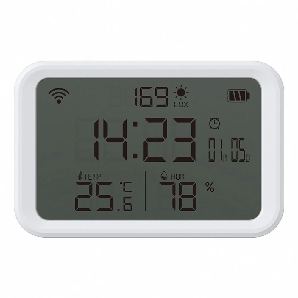 

WiFi Enabled Thermometer Hygrometer for Tuya with 4 in 1 Monitoring Temperature Humidity Light Intensity and Calendar Display