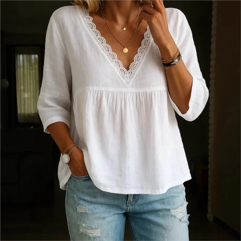 

Summer Casual Loose Women's White Blouse 2025 Fashion Lace V-neck Half Sleeve Shirts & Blouses Femme Elegant Office Ladies Tops