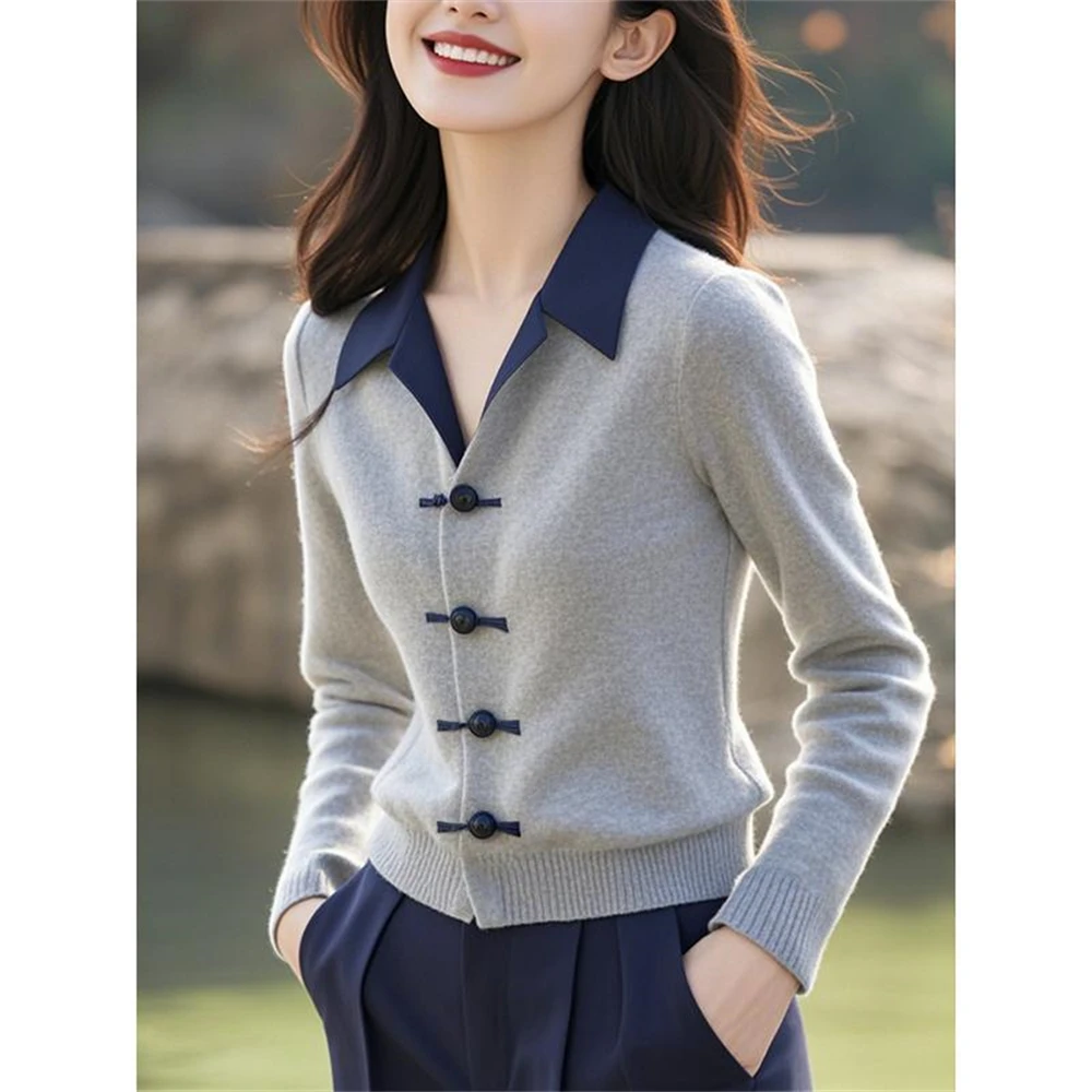 Autumn High-end Temperament Tops New Chinese Style Gray Stitching Lapel Sweater Women's Japanese Korean Casual Knitted Cardigan