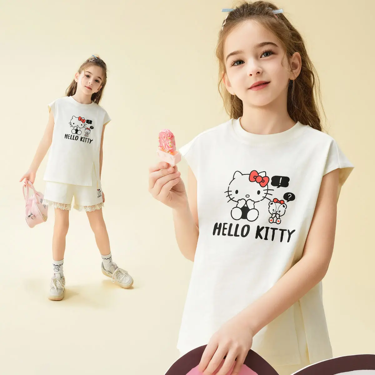 

Sanrio Girls New Style T-Shirt 2Pcs Hello Kittys Girls Summer Cartoon Shorts Children All-Match Thin Style Medium Large Children