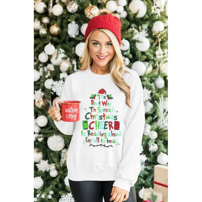 Christmas women's sports long sleeved shirt with round neck and Christmas tree pattern printed white top