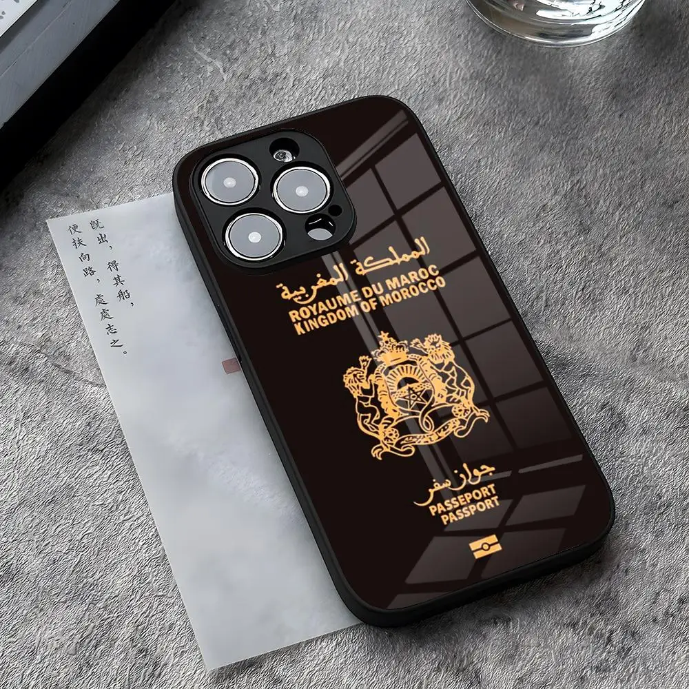 Morocco Passport Phone Case for iPhone 15 Pro Max 14 Pro 12 11 13 Mini X XR XS 8 7 Plus SE Tempered Glass Back Cover