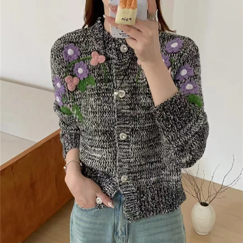 Sweet Fashion Girls Embroidery Flowers Knitted Sweater Coat New Fashion Autumn Winter Single Breasted Manual Weave Cardigan Tops