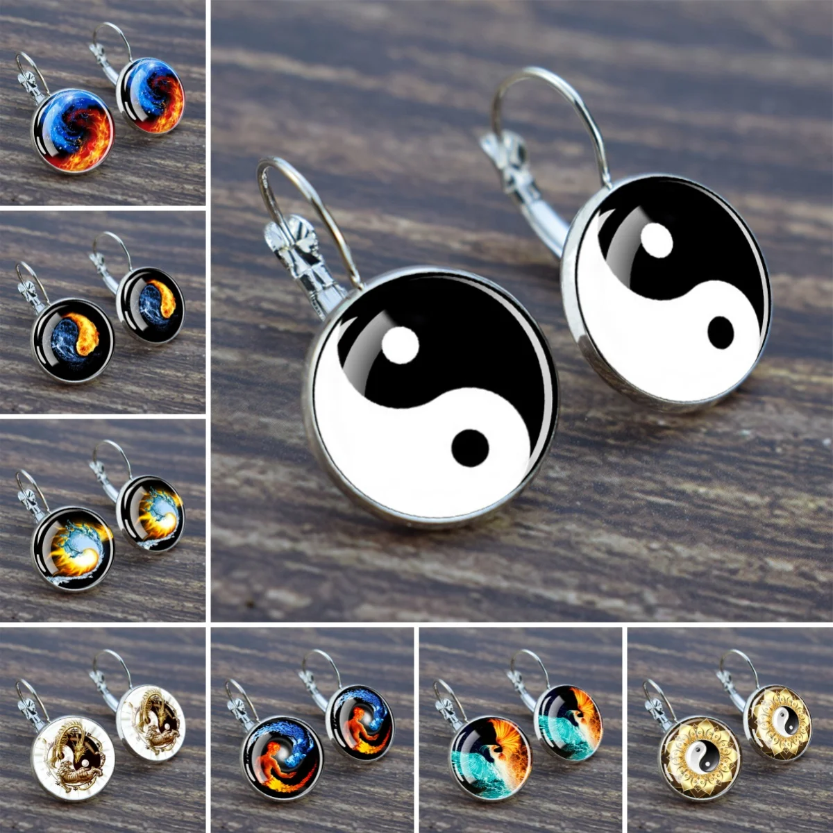 Yin Yang Hoop Earrings Chinese Style Jewelry Dome Glass Inlaid Fashionable Women's Jewelry Gift