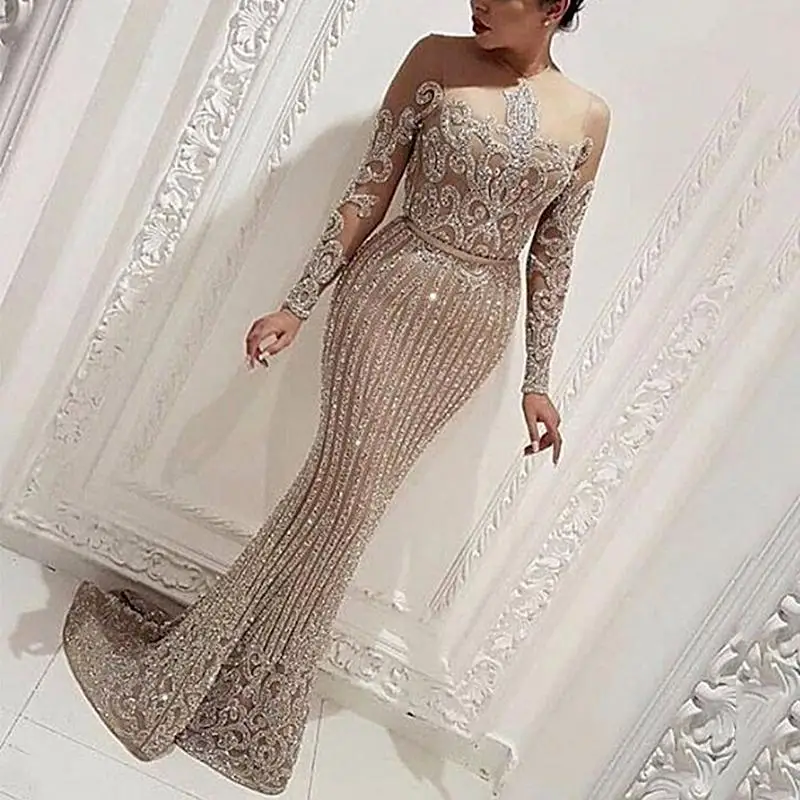 Luxury Women Golden Sequined Prom Dress Classic Long Sleeves Bodycon Party Dress Elegant Mermaid Formal Occasion Evening Dress