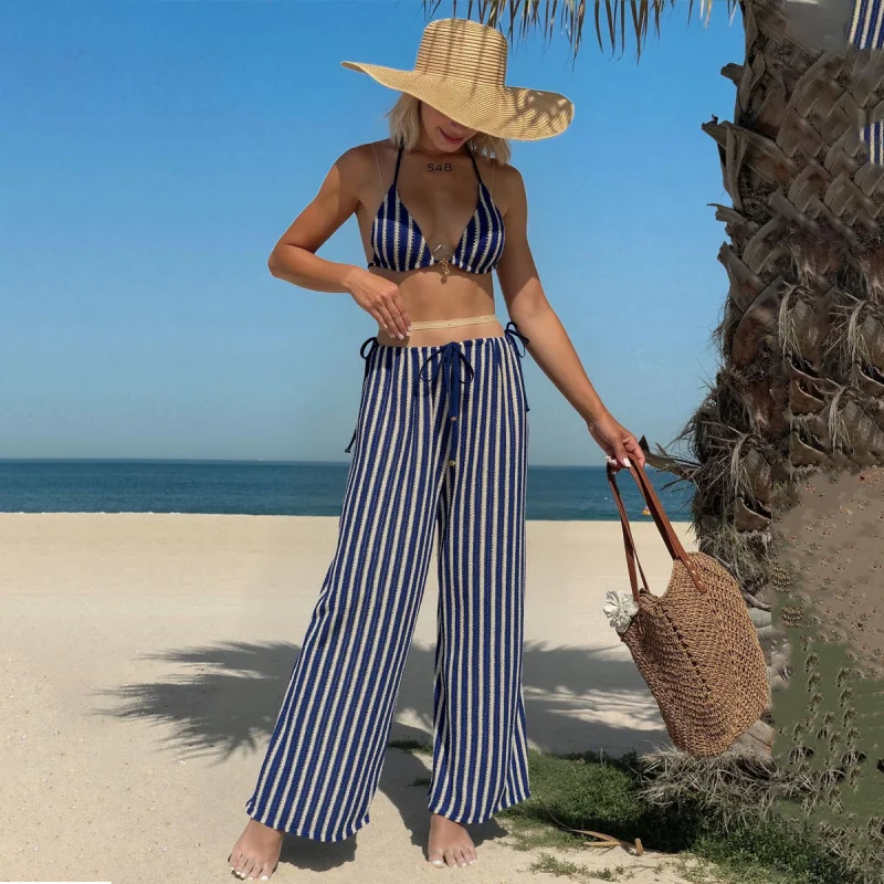 2026New Hot-Selling Striped Tie Half-Transparent Long Pants Three-Piece Swimsuit Bikini Set