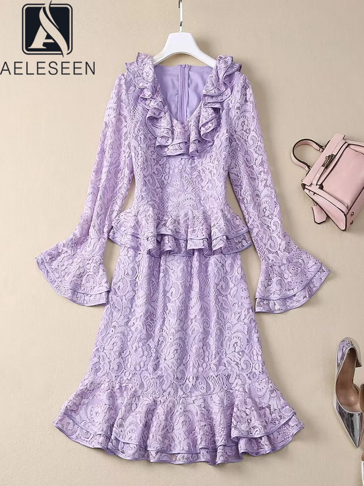 

AELESEEN High Quality Lace Dress Women Summer Designer Fashion Flare Sleeve V-neck Ruffles Romantic Purple Elegant Knee-Length