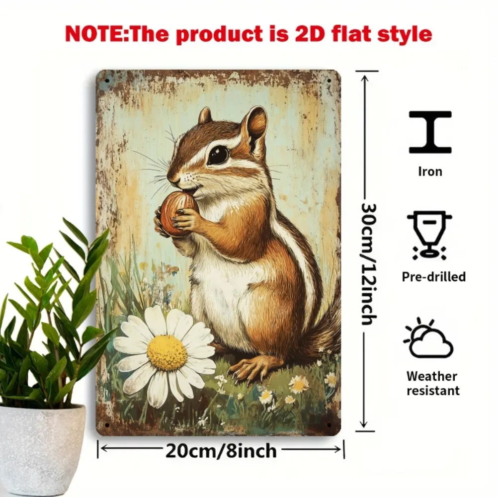 Vintage Chipmunk with Nut & Daisy Metal Sign, Rustic Cute Iron Wall Art for Garden & Porch, 8x12 Inch