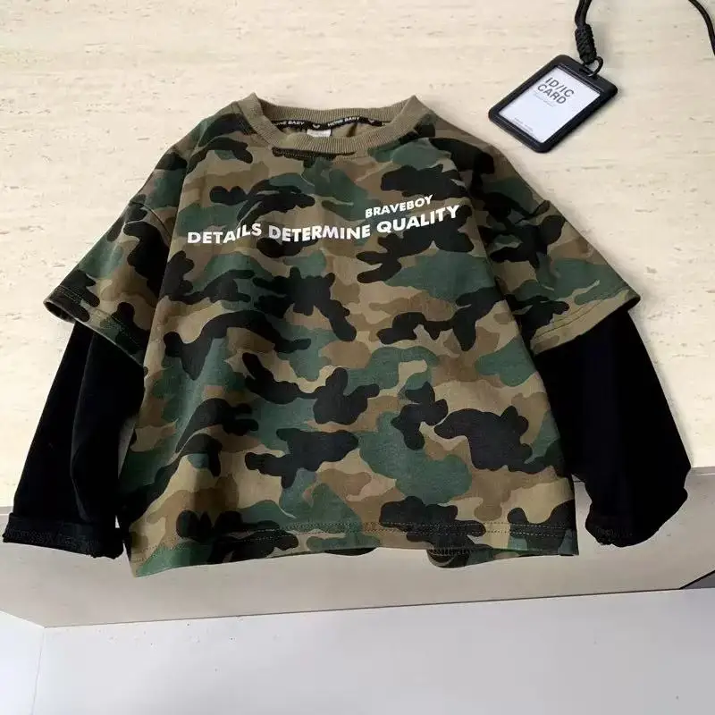 Boys T-shirt Autumn New Fashion Childrens Clothing Korean Style Boys and Girls Casual Loose Camouflage Fake Two T-shirts