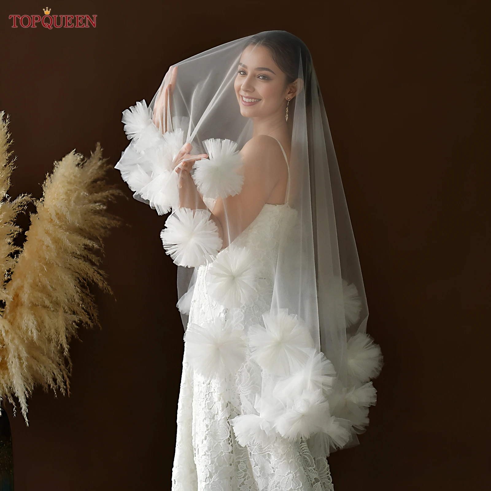 

TOPQUEEN M11 3d Цветочная Свадебная Фата Роскошная Фата С Румянами Свадебная 2-слойная Фата Свадебные Аксессуары Настраиваемые