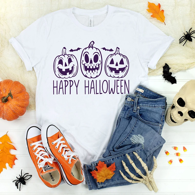 Wesołego Halloween śmieszne dynia twarz drukuj kobiety t-shirty Wicca ubrania festiwal moda zimowa kobiet koszulki pomarańczowy O Neck topy