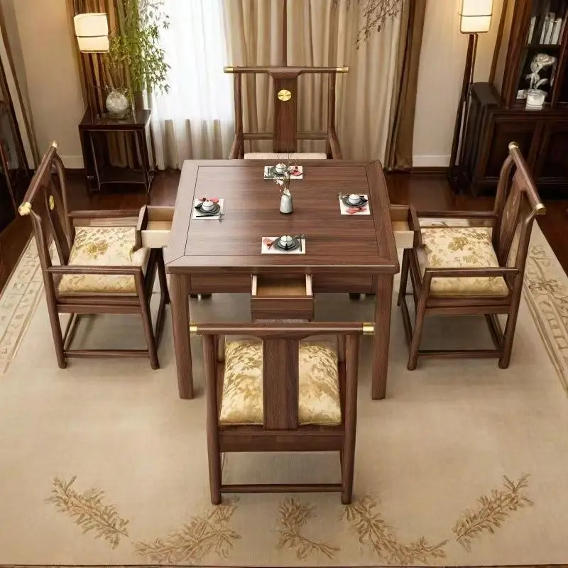 #Solid wood tea table and chair set, small square table for playing chess and cards, Chinese-style dining table
