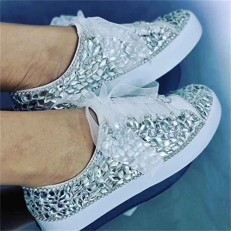 Handmade luxury rhinestone sequins pure white low top wedding plimsolls women\'s large size casual running shoes 35-44