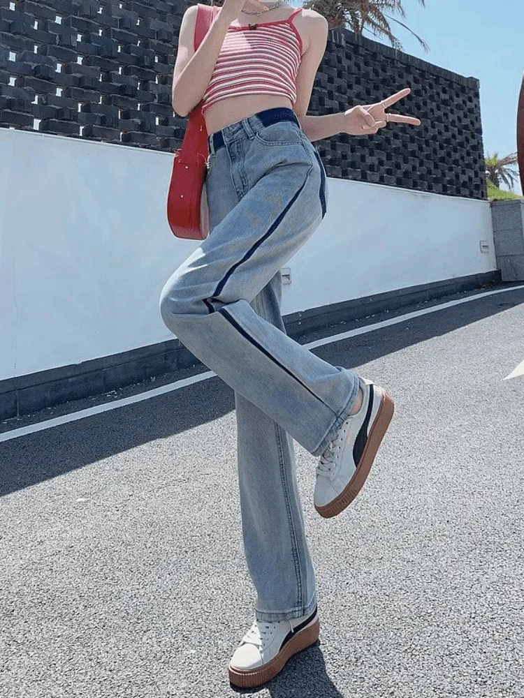 Luz azul cintura alta perna reta jeans feminino verão novo sle pêra ape plus size emagrecimento calças de perna larga