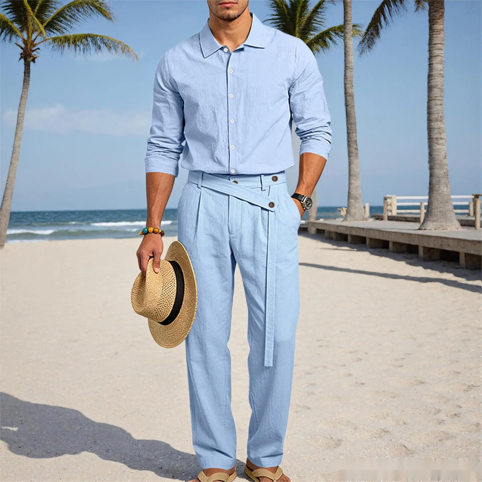 Europäisch-Amerikanisches Herren-Leinen-Freizeitset: Hemd mit Umlegekragen und Hose mit hohem Bund und Gürtel – Locker, atmungsaktiv, für Urlaub und Strand – Detail 34