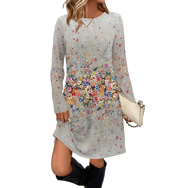 Vintage Ethnic Print Ladies Long Sleeve T-shirt Outdoor Street Ladies Loose Long Sleeve Top Everyday Casual Ladies Top Dresses