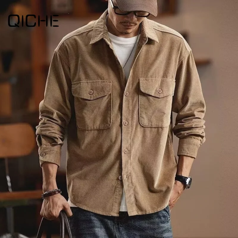 QICHE 2026 Men Vintage Heavyweight Workwear Jacket, Loose Casual Trendy Long Sleeve Shirt Coat, Autumn Streetwear