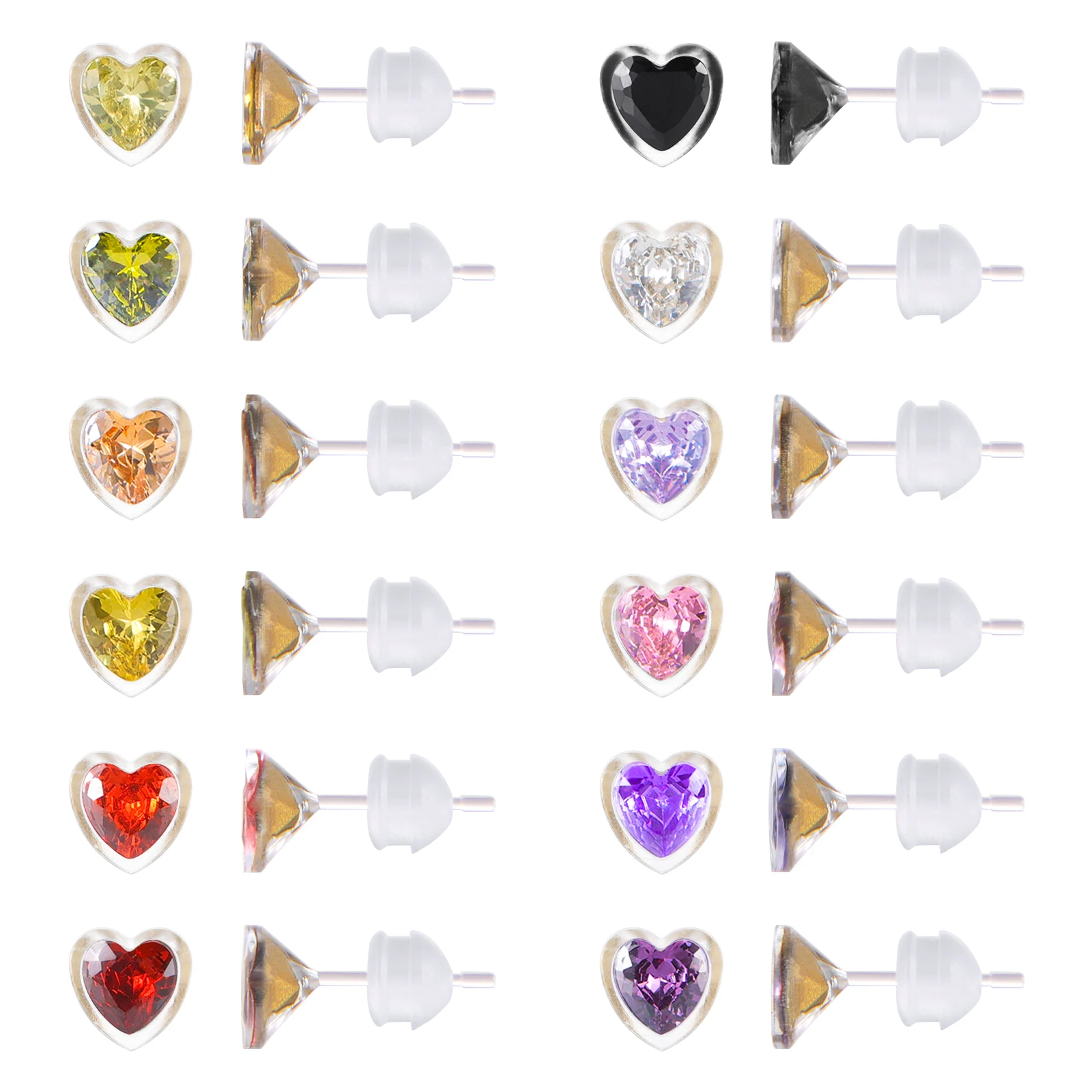 

12 Pairs Plastic Stud Earrings for Sensitive Ears,Heart Star Cubic Zirconia Birthstone CZ Stud Earring Sets for Women Girls