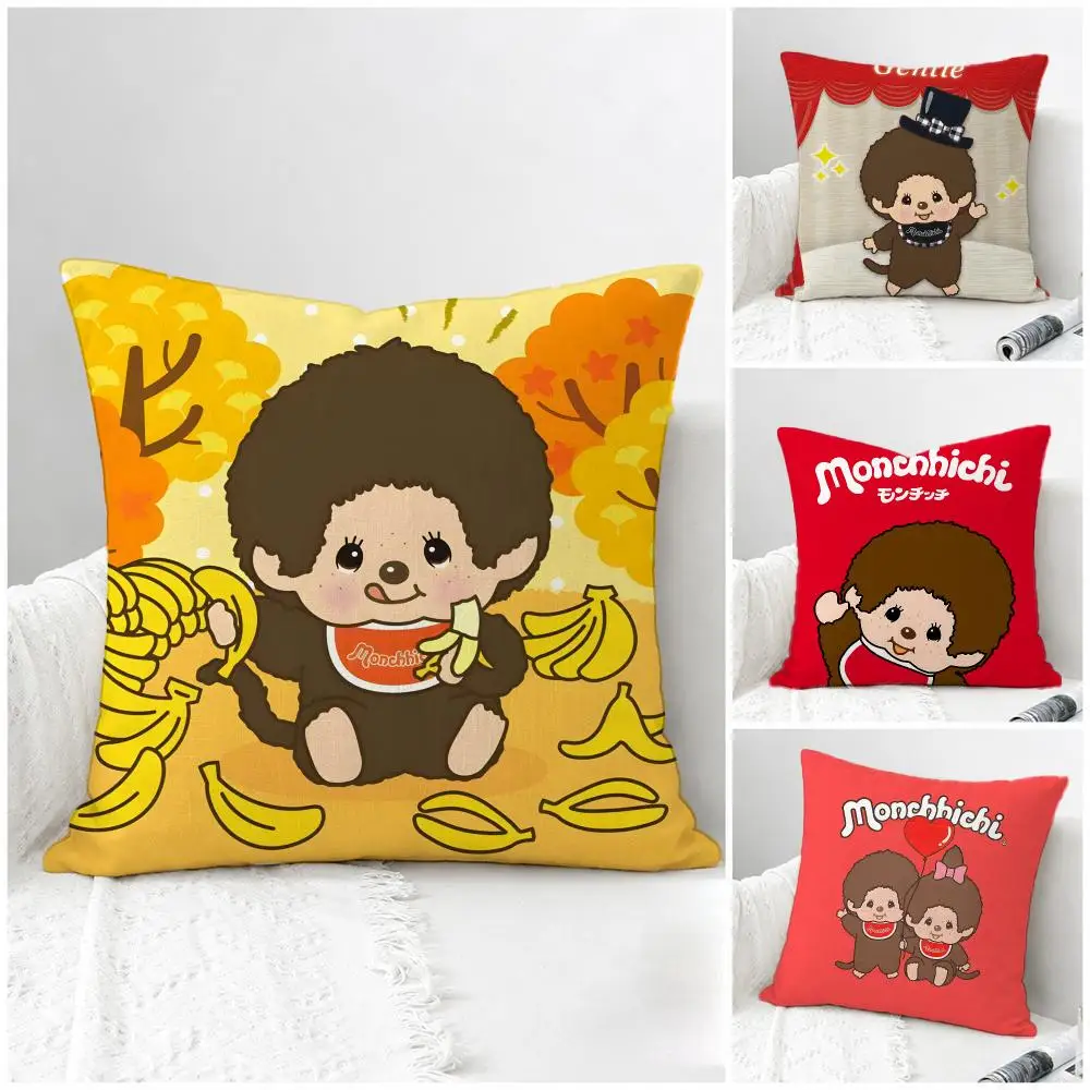 Cartoon Monchhichis Cushion Cover Natural Linen Pillowcase Set, All-in-One Decor for Sofa, Bedroom & Chair