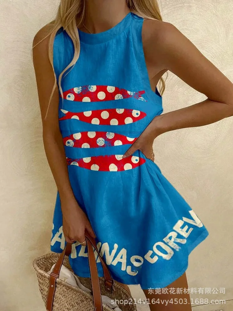 Letnia sukienka z nadrukiem dla kobiet bez rękawów wisząca szyja moda Lobster Beach Holiday Sundress Party sukienki damskie