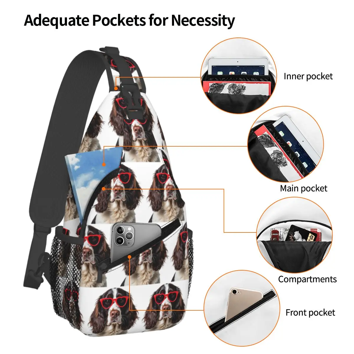 English Springer Spaniel Dog Wearing A Heart Shape Sunglasses Chest Bag Men Crossbody Backpack Chest Bag Daypack Shoulder Bag