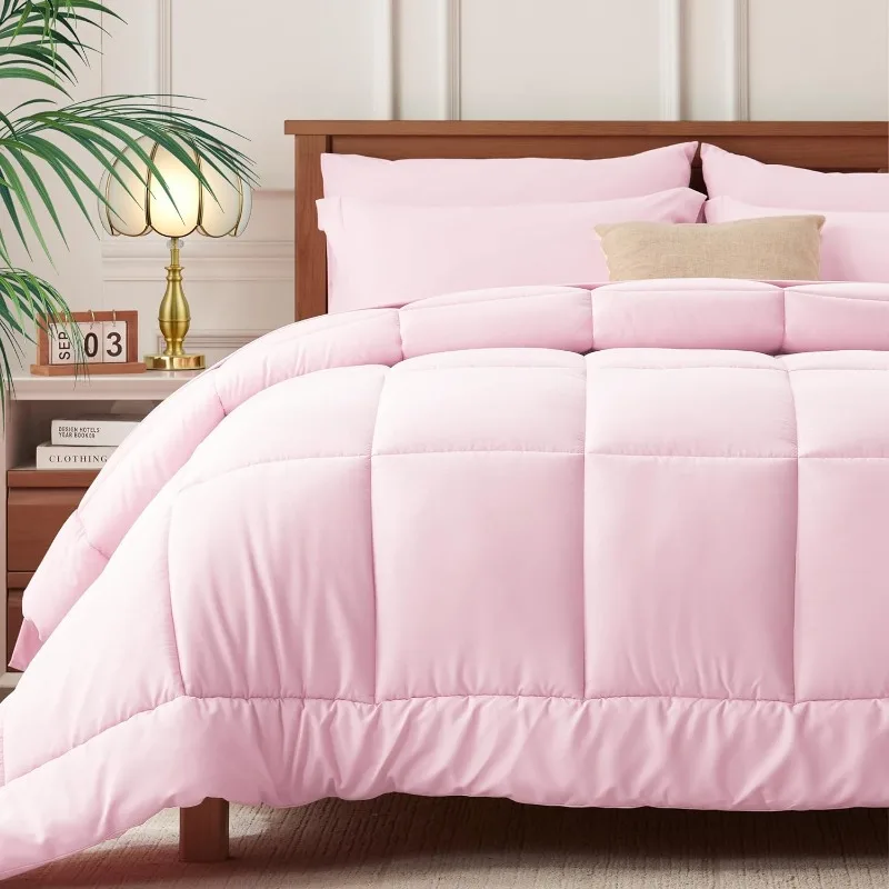 Full Bed in a Bag Bedding Set - 7 Pieces Light Pink All Season Comforter Set, Ultra Soft Bedding Comforter Set with Comforter