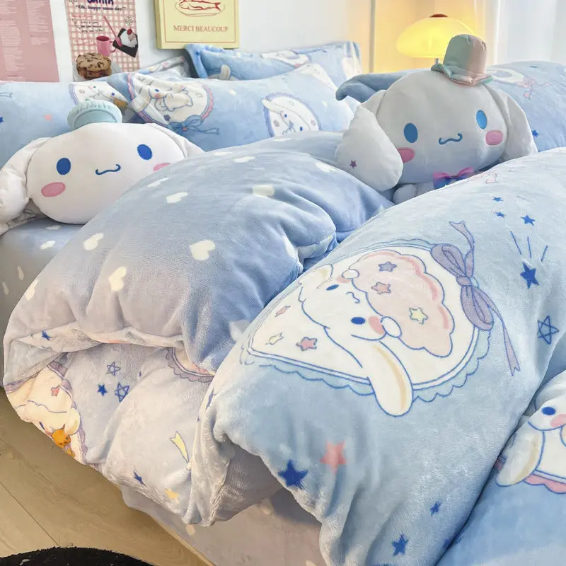 Sanrio Hello Kitty Cinnamoroll Kuromi Cartoon Cute Plush Sheets, Quilt Covers, Pillow Cases Creative Kawaii Warm Four-piece Set