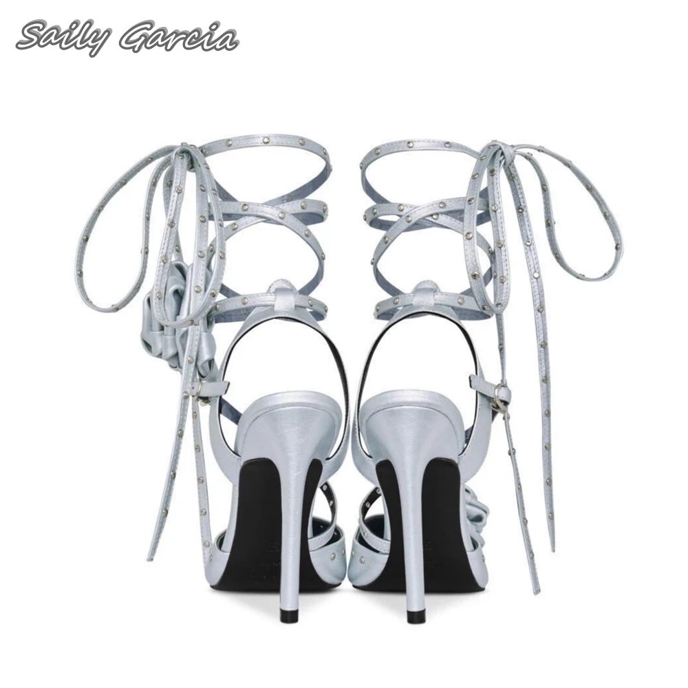 Metal Rivet Flower Ribbon Wrapping Buckle Strap Sandals All-Match Shallow Stiletto High Heels Pointed Toe Luxury Party Shoes