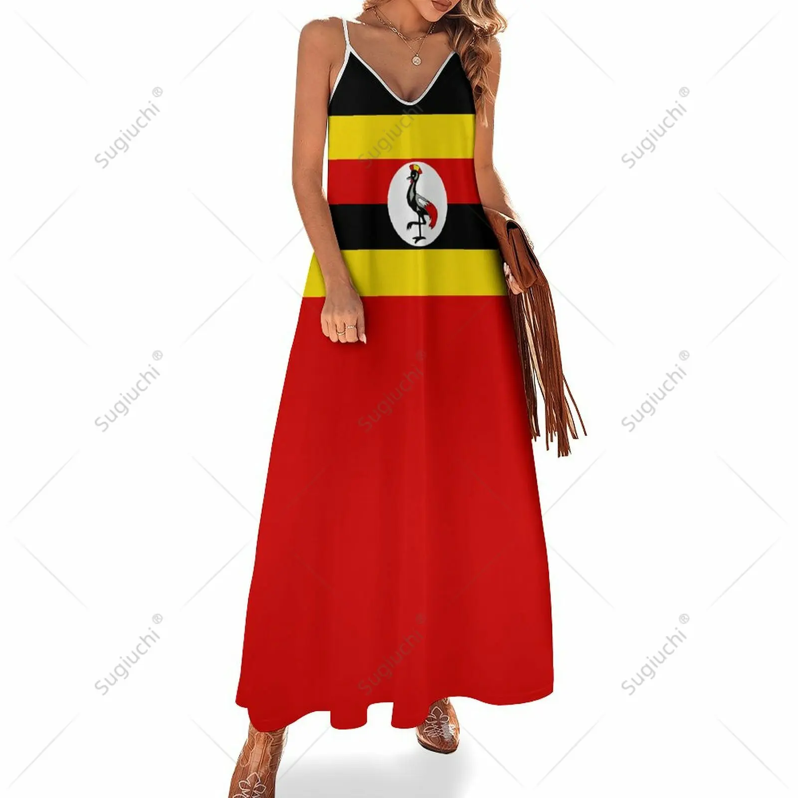 

Long Dresses Dress Uganda Flag Print New Casual Sleeveless Women's V-Neck Printed Dress Swing Retro Dresses